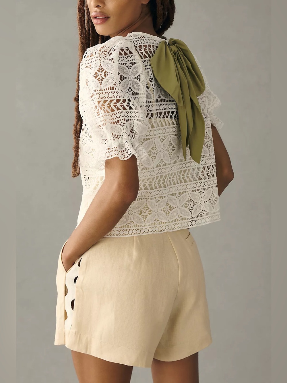Anthropologie Dolan Lace Puff Sleeve Bow Back Blouse Medium NWOT White Green